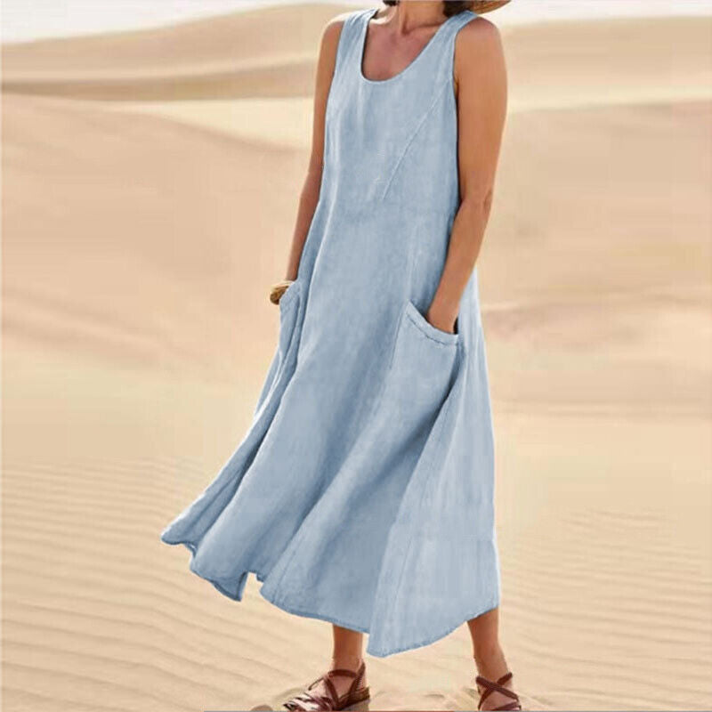 Scoop Neck Wide Strap Patch Pocket Diagonal A-Line Midi Dress - View 10