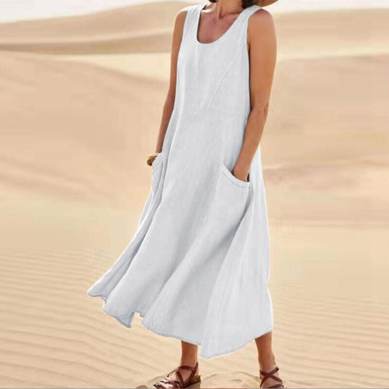 Scoop Neck Wide Strap Patch Pocket Diagonal A-Line Midi Dress - View 5