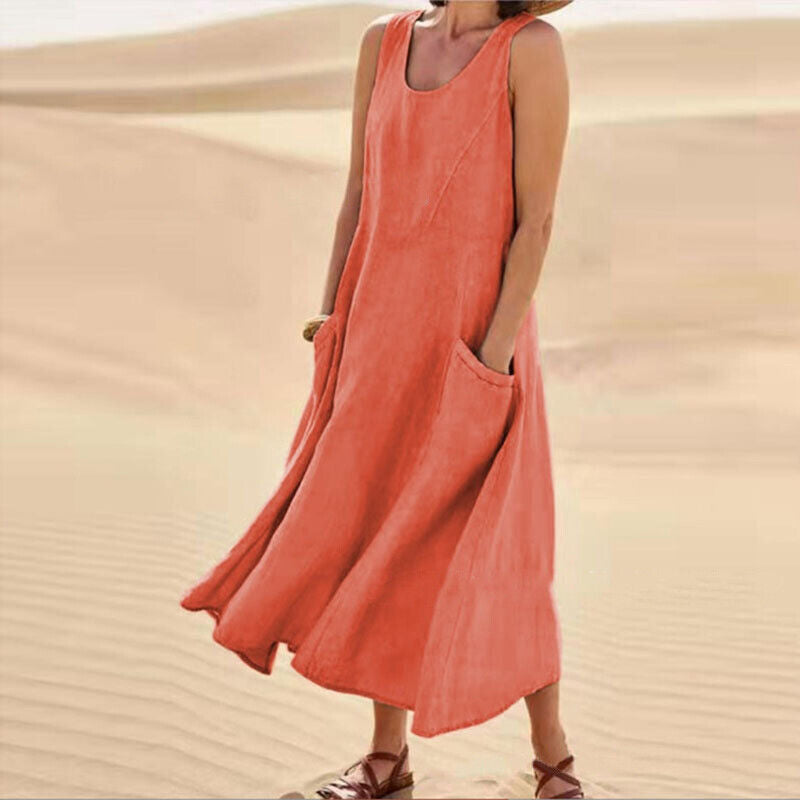 Scoop Neck Wide Strap Patch Pocket Diagonal A-Line Midi Dress - View 6