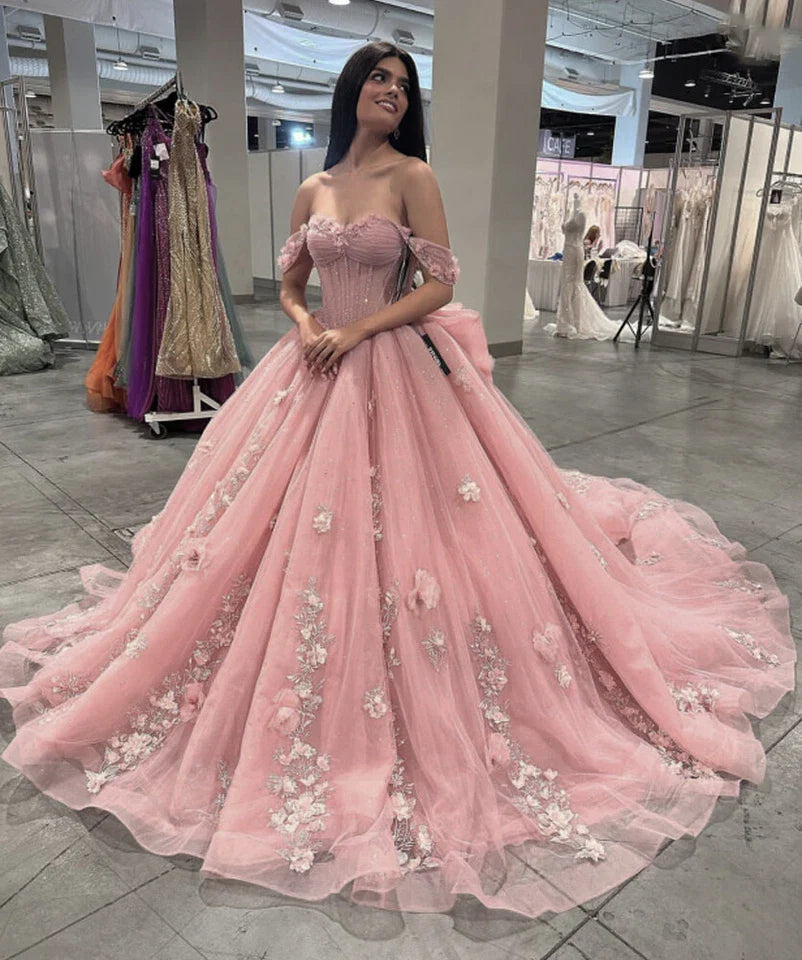 Pink Quinceanera Dress Ball Gown Applique 3D Flower Sweet 16 Party Prom Dress - Fashionpara