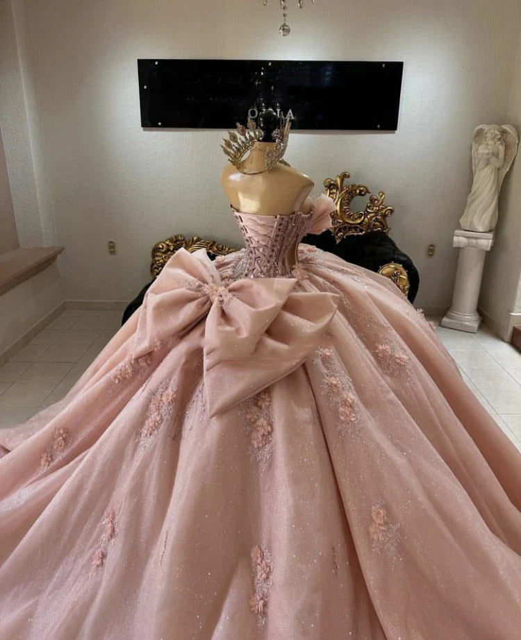 Pink Quinceanera Dress Sweet 15 16 Bow Beaded 3D Floral Glitter Ball Gown Quinceanera Dresses - Fashionpara