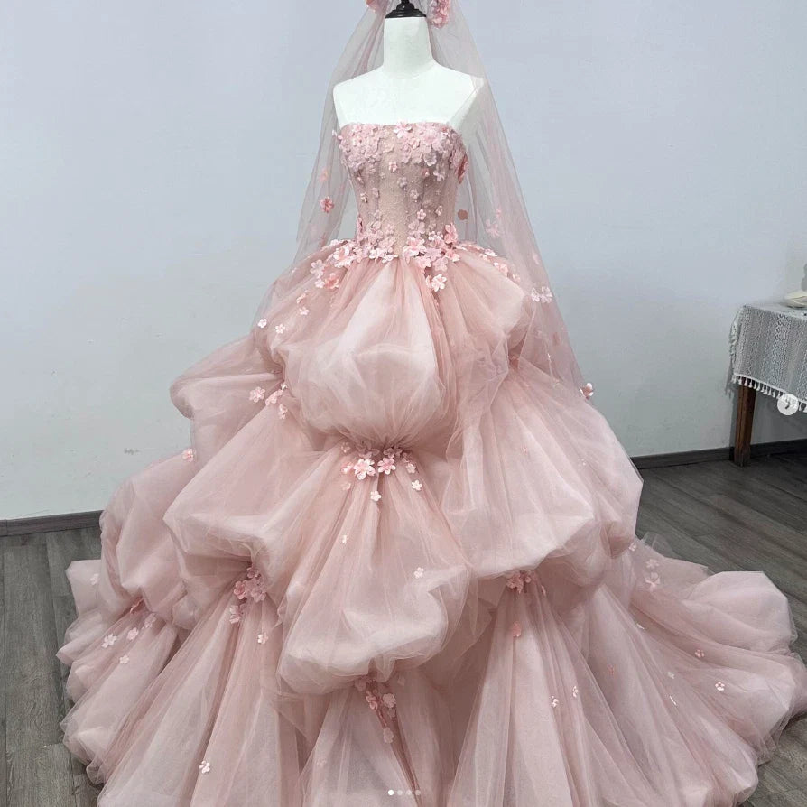 Pink Ruffle Quinceanera Dress 3D Floral Sweet Sleeveless 15 16 Party Ball Gown Prom Dress - Fashionpara