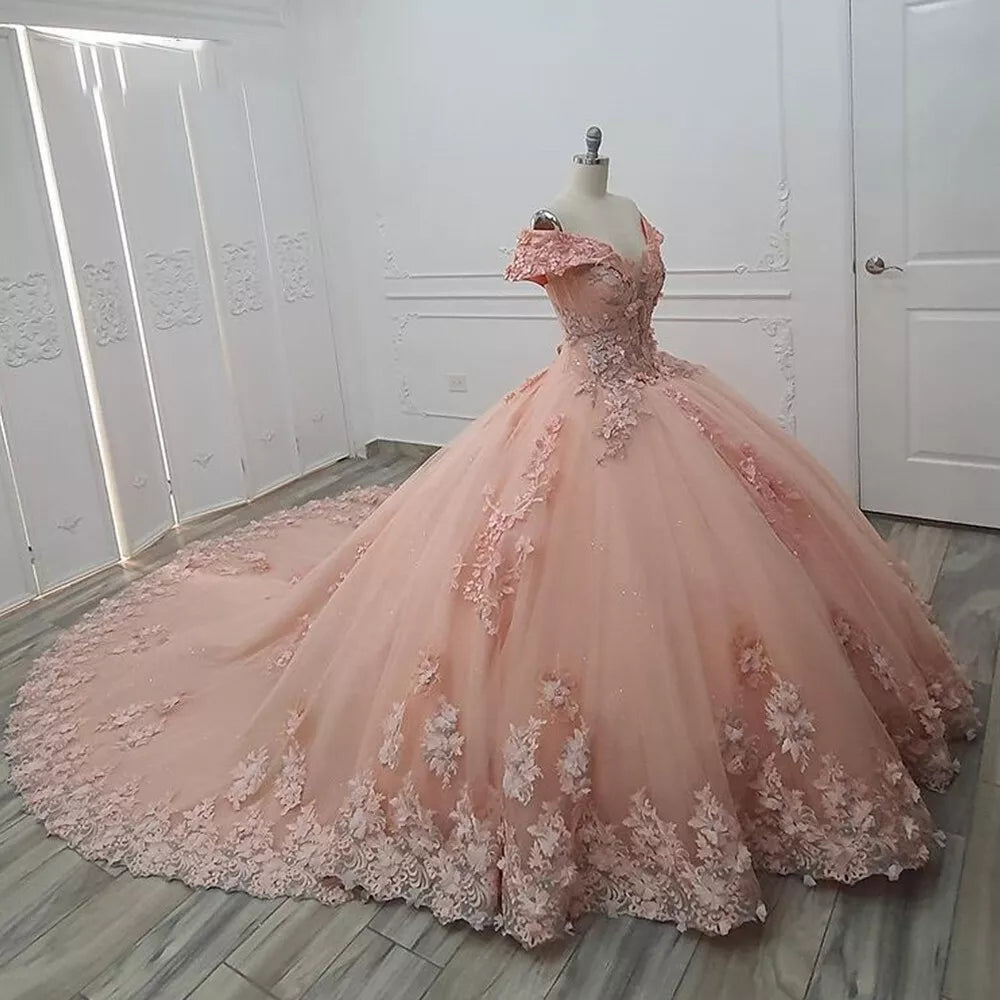 Pink Quinceanera Dress Sweet 16 Beaded Off-Shoulder 3D Floral Ball Gown Quinceanera Dresses - Fashionpara