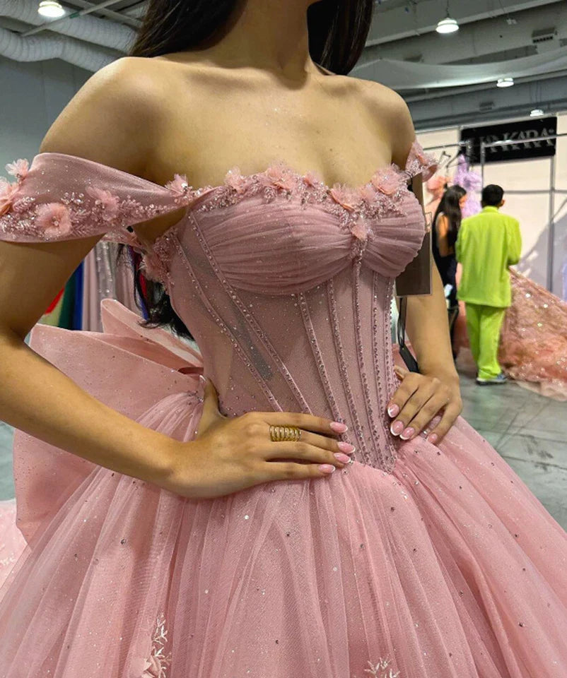 Pink Quinceanera Dress Ball Gown Applique 3D Flower Sweet 16 Party Prom Dress - Fashionpara