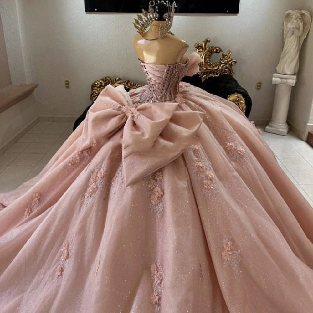 Pink Quinceanera Dress Sweet 15 16 Bow Beaded 3D Floral Glitter Ball Gown Quinceanera Dresses - Fashionpara