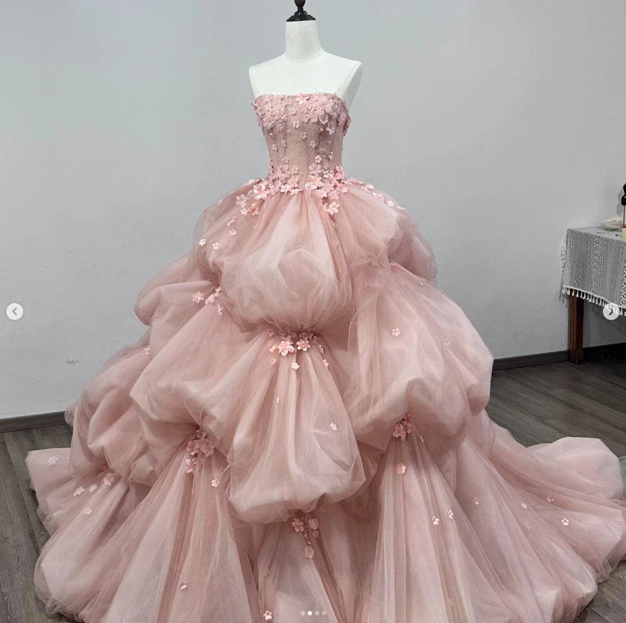 Pink Ruffle Quinceanera Dress 3D Floral Sweet Sleeveless 15 16 Party Ball Gown Prom Dress - Fashionpara