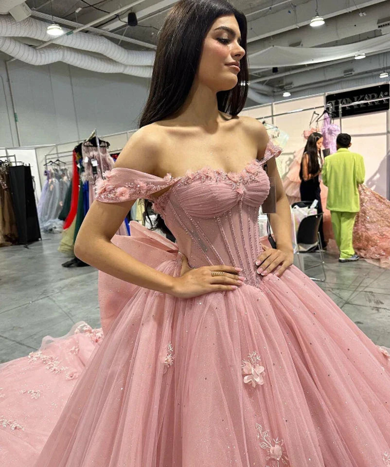 Pink Quinceanera Dress Ball Gown Applique 3D Flower Sweet 16 Party Prom Dress - Fashionpara