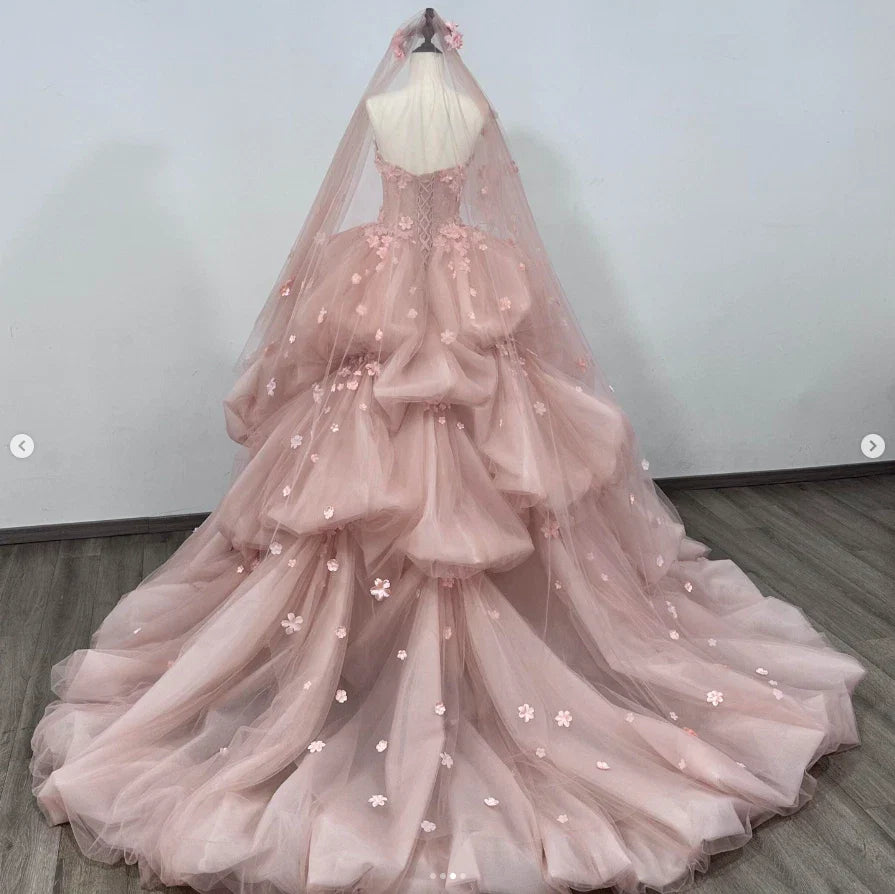 Pink Ruffle Quinceanera Dress 3D Floral Sweet Sleeveless 15 16 Party Ball Gown Prom Dress - Fashionpara