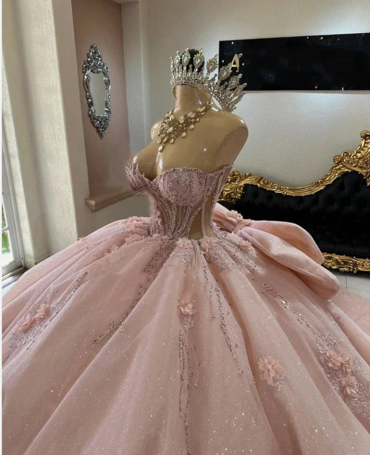 Pink Quinceanera Dress Sweet 15 16 Bow Beaded 3D Floral Glitter Ball Gown Quinceanera Dresses - Fashionpara