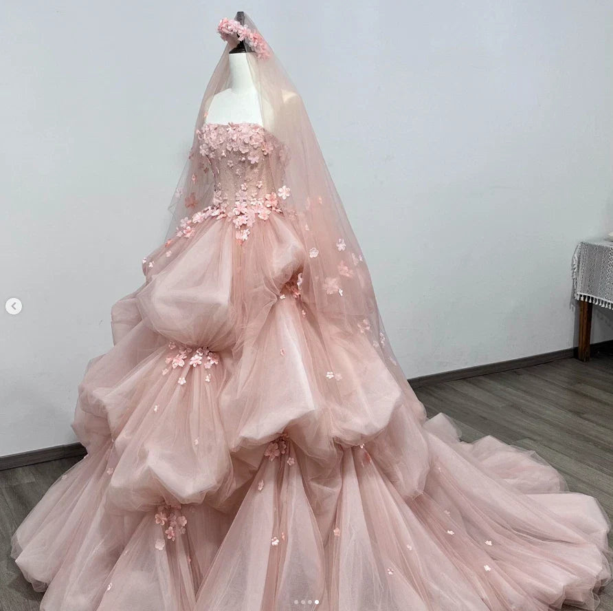 Pink Ruffle Quinceanera Dress 3D Floral Sweet Sleeveless 15 16 Party Ball Gown Prom Dress - Fashionpara