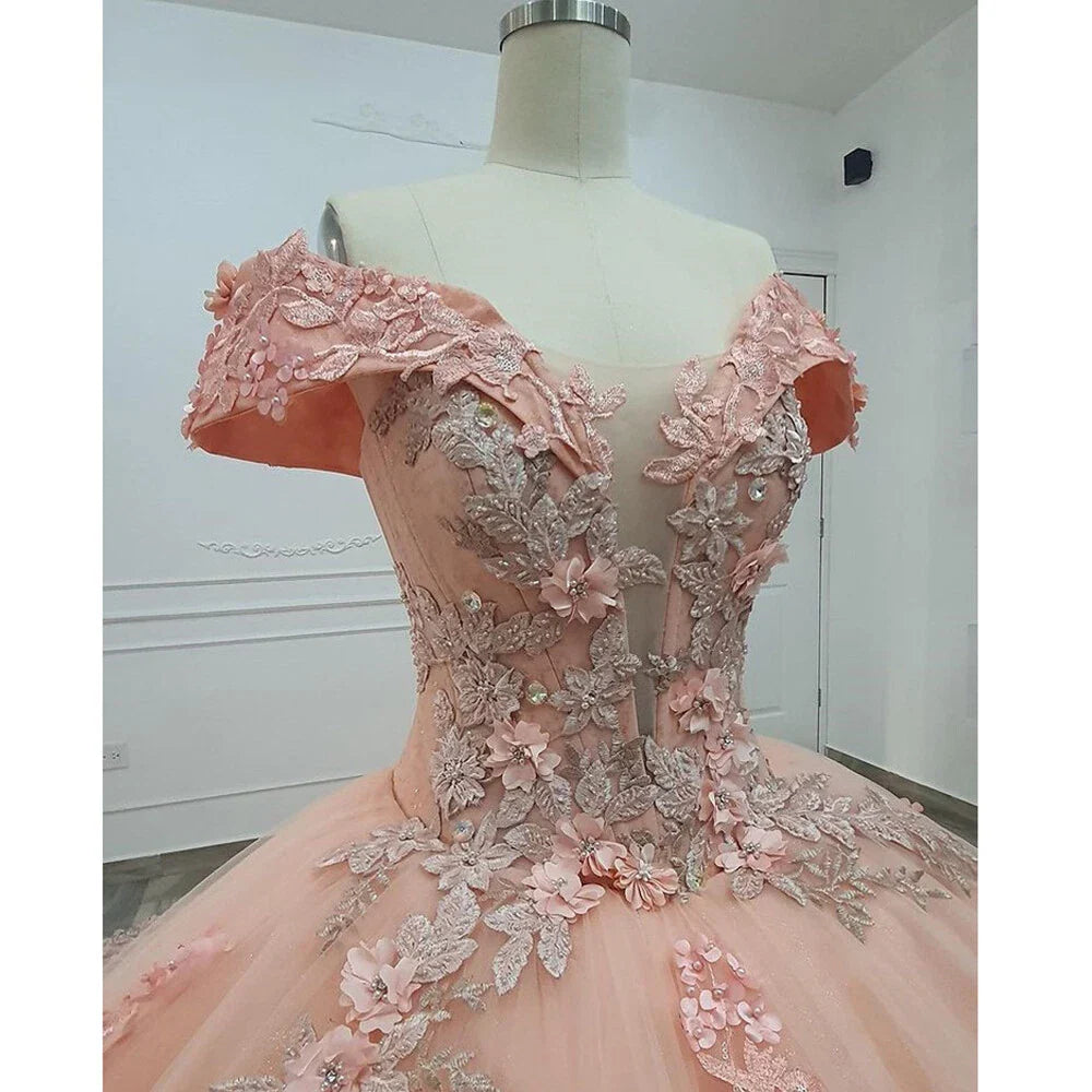 Pink Quinceanera Dress Sweet 16 Beaded Off-Shoulder 3D Floral Ball Gown Quinceanera Dresses - Fashionpara