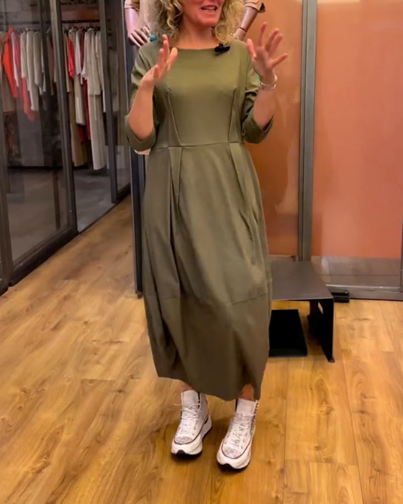 Boat Neck Three Quarter Sleeve Pleated Cocoon Midi Dress