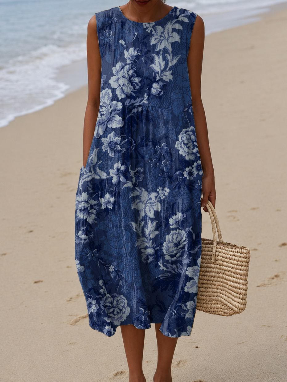 Bold Floral Print Round Neck Sleeveless Midi Dress