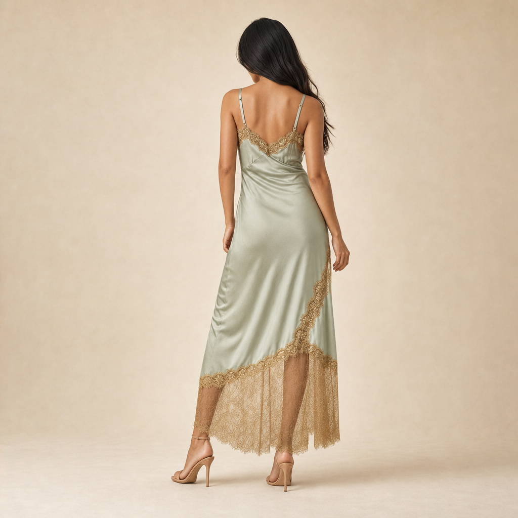 Satin V-Neck Lace Trim Spaghetti Strap Slip Midi Dress 4