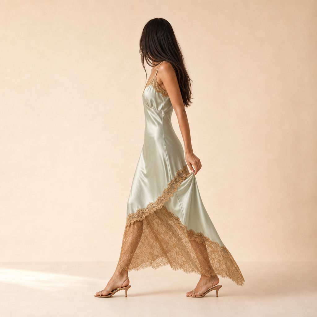 Satin V-Neck Lace Trim Spaghetti Strap Slip Midi Dress 5