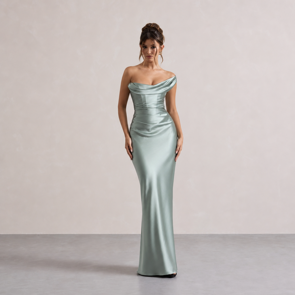 Off Shoulder Ruched Satin Fishtail Maxi Gown 10