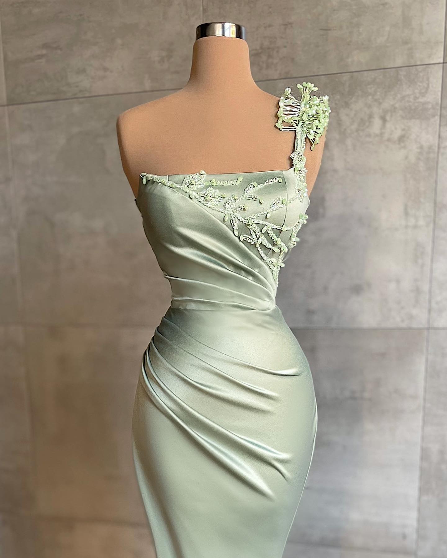 Sage One Shoulder Prom Dress Mermaid With Beads - Fashionpara