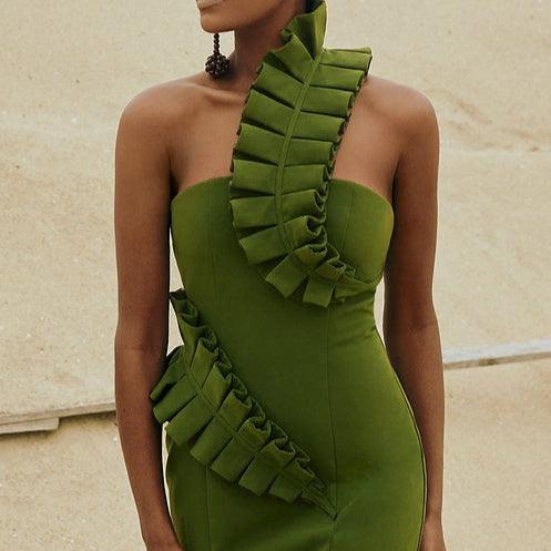 One Shoulder Ruffle Trim Slit Bodycon Midi Dress