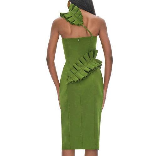 One Shoulder Ruffle Trim Slit Bodycon Midi Dress