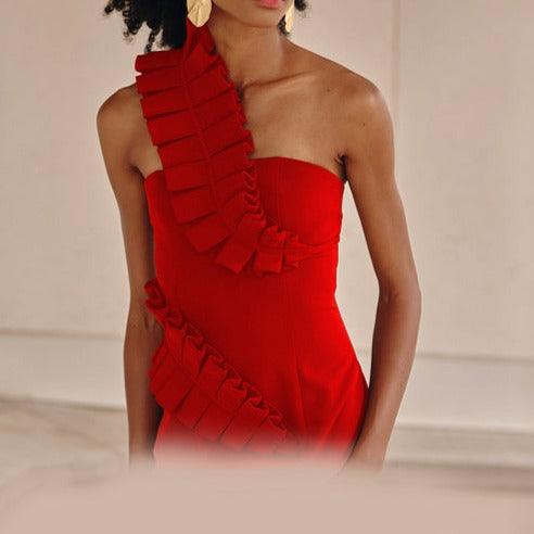 One Shoulder Ruffle Trim Slit Bodycon Midi Dress