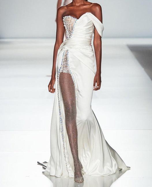 Crystal Embellished Off Shoulder Mermaid Gown
