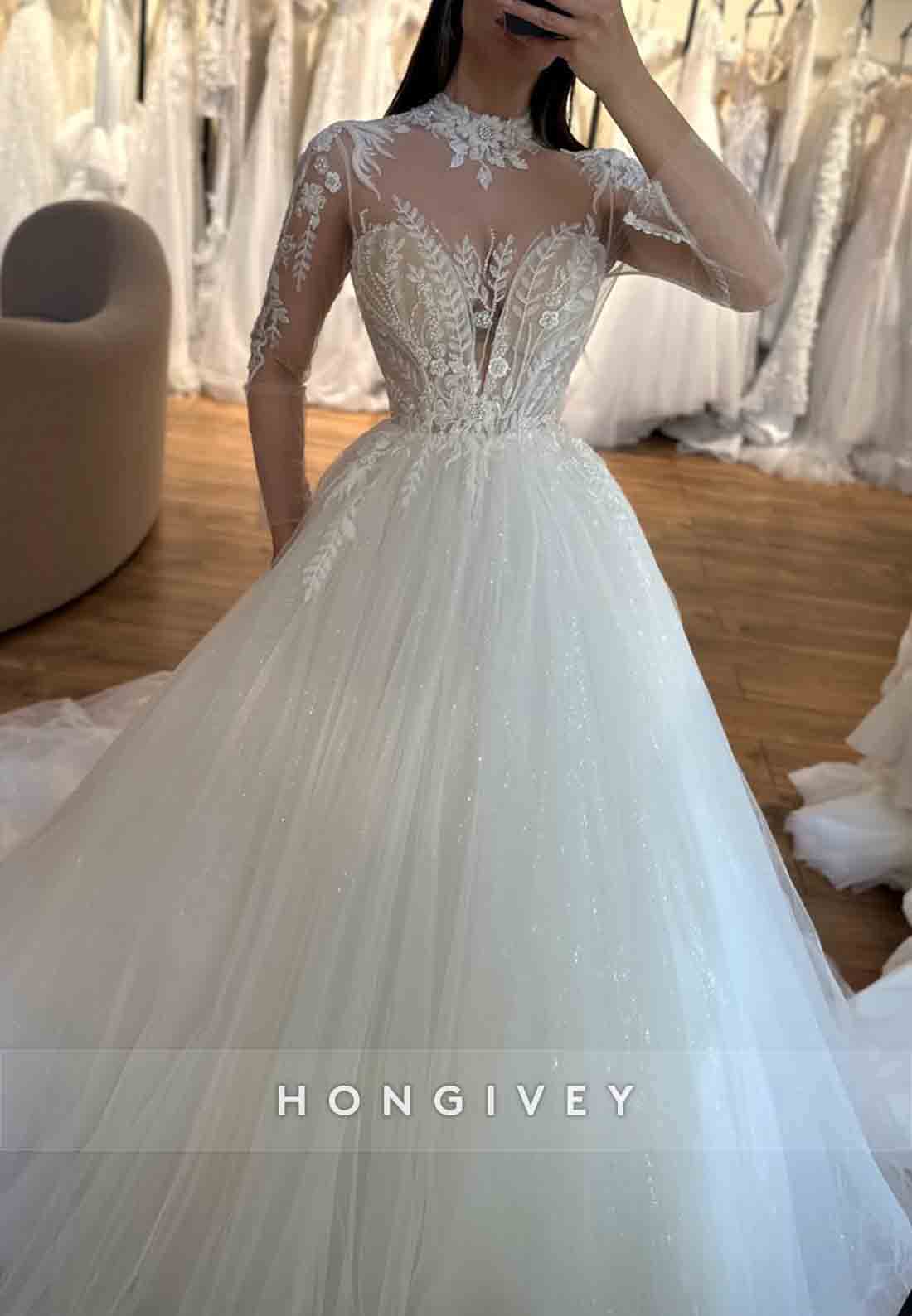 Tulle Lace Illusion Neck Long Sleeve Floor-Length A-line High Neck Wedding Dresses