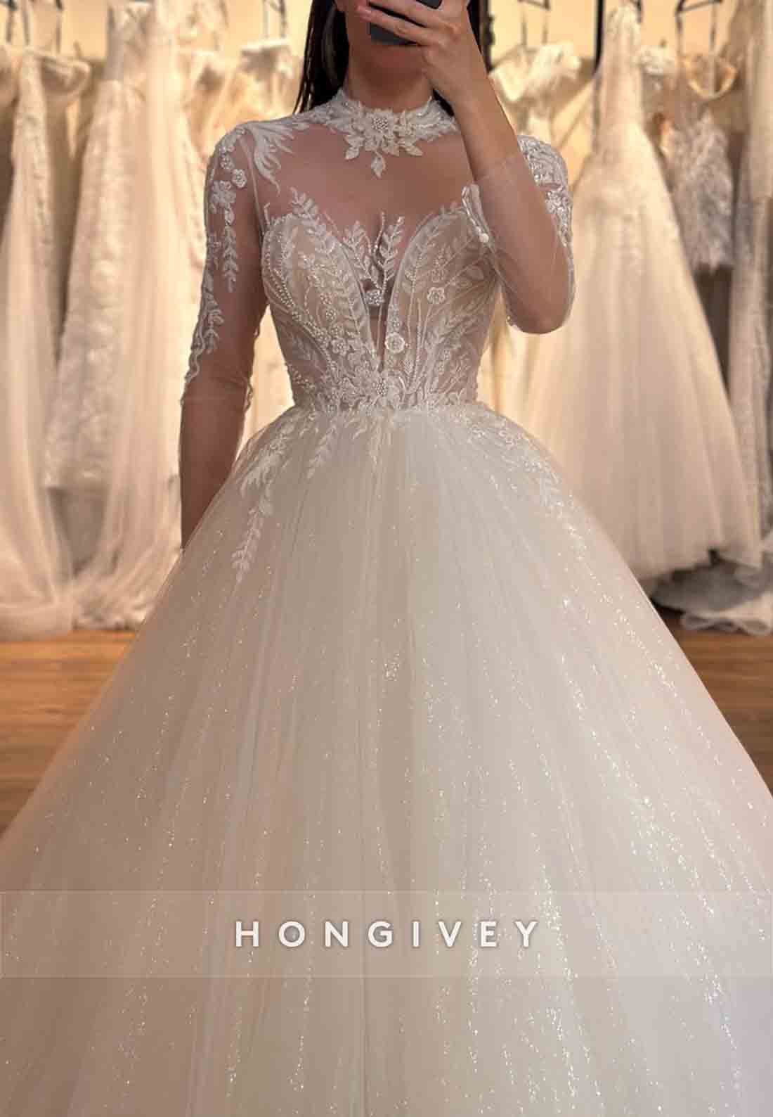 Tulle Lace Illusion Neck Long Sleeve Floor-Length A-line High Neck Wedding Dresses