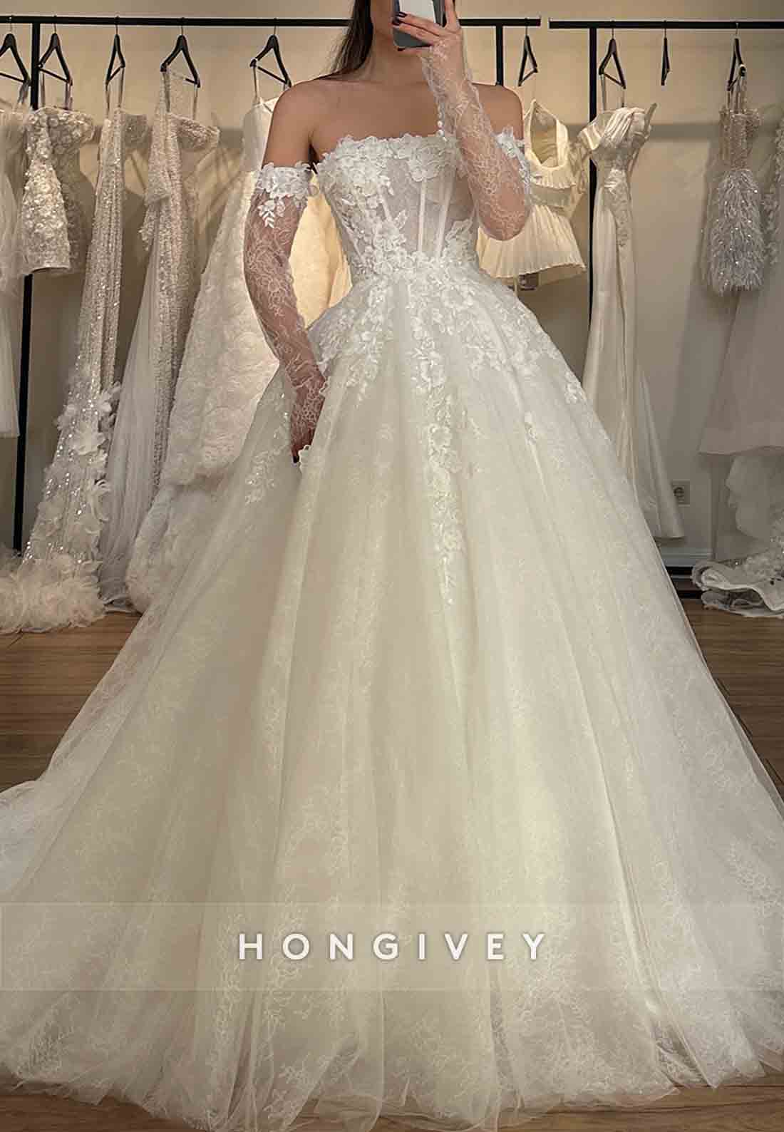 Princess Tulle Off the Shoulder Long Sleeves Empire Lace Wedding Dresses