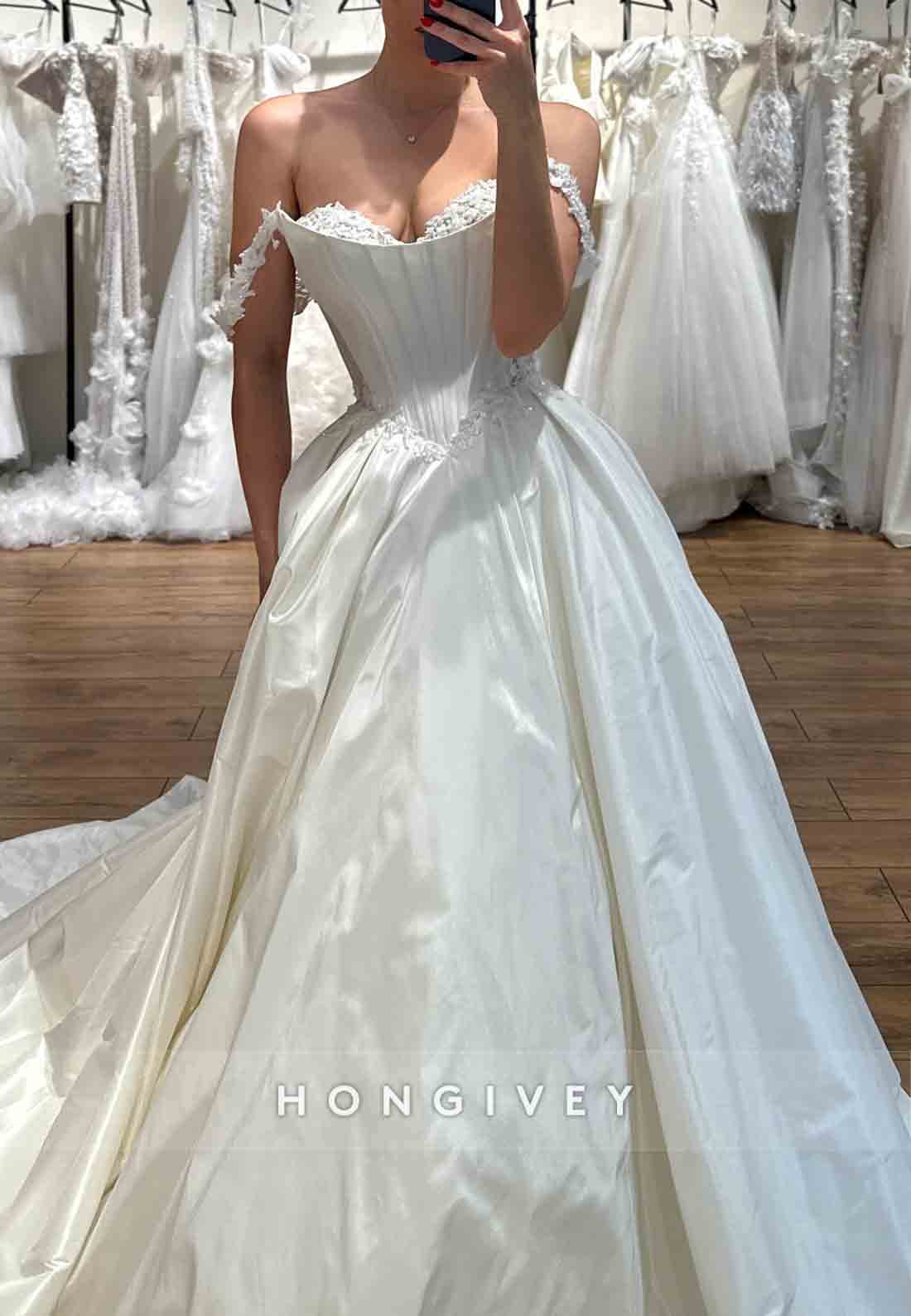 Off the Shoulder Satin Empire Princess Pleated Court Train Wedding Dresses