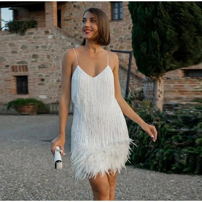 Fringe Deep V-Neck Spaghetti Strap Feather Trim Mini Cocktail Dress