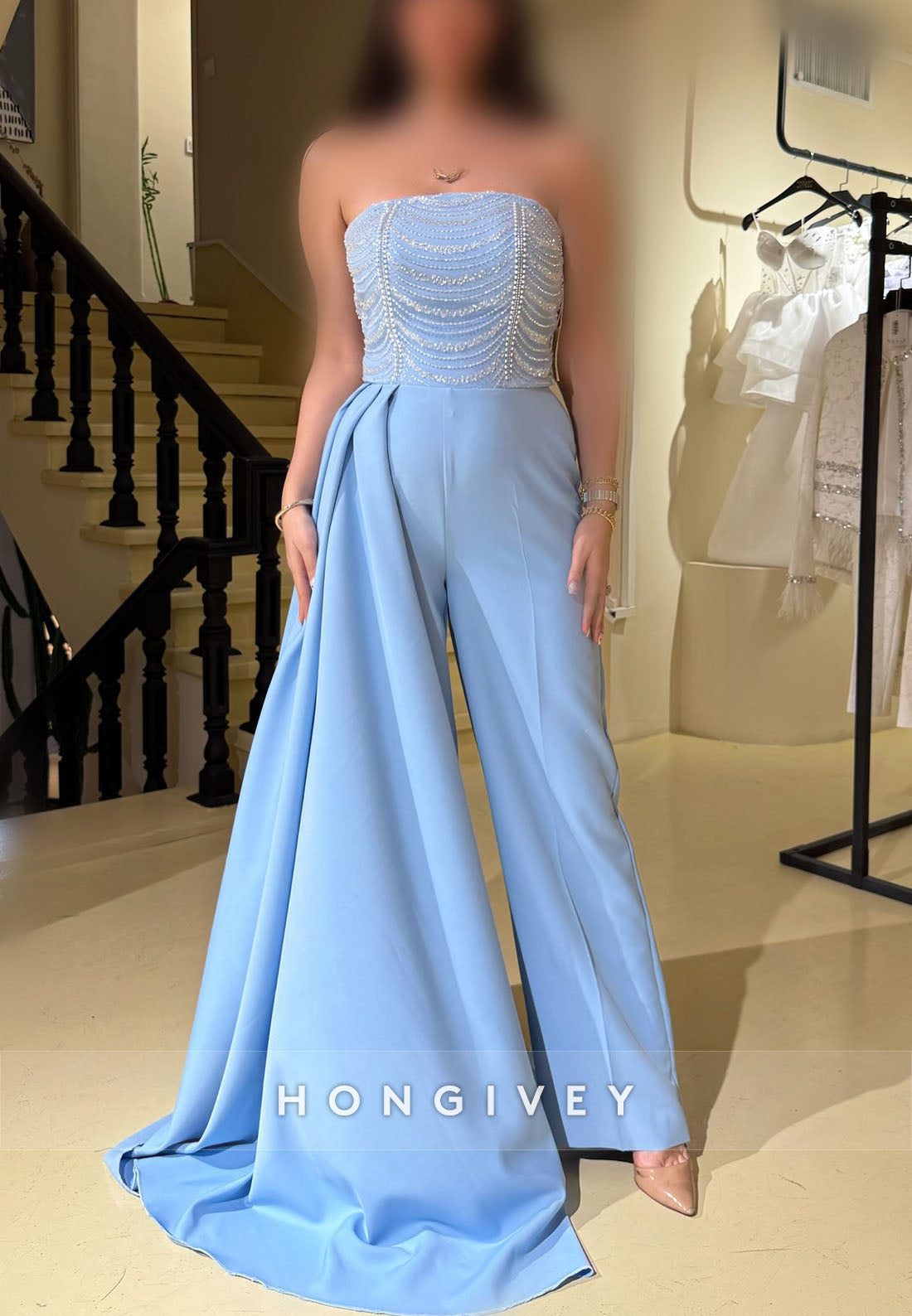 Off the Shoulder Floor-Length Side Draping Jumpsuit Pleated Evening Gown