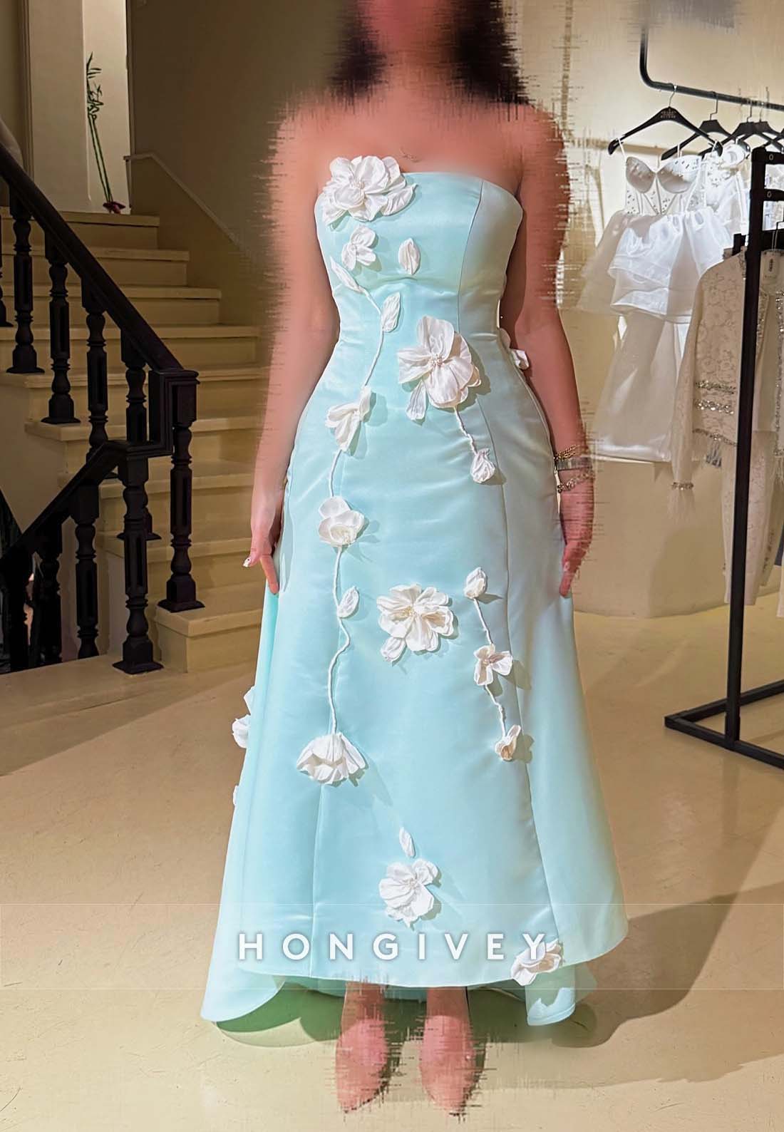 Handmade Flowers Pleated Strapless Ankle-Length A-line Low Back Evening Gown