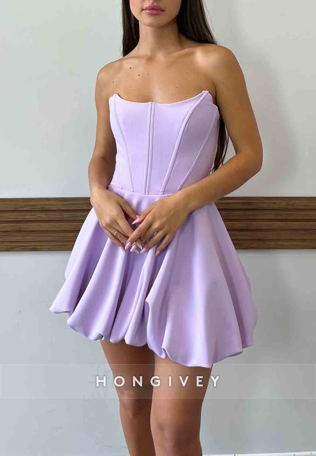 Simple Lilac Strapless A-Line Short Sleeveless Pleated Homecoming Dresses