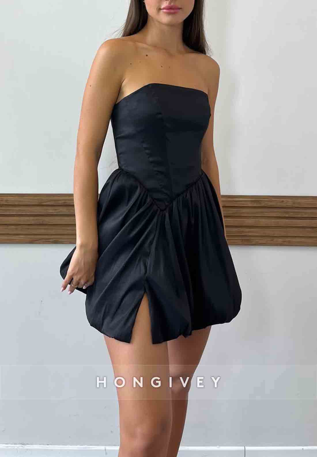 Sleeveless A-Line Pleated Strapless Side Slit Mini Homecoming Dresses