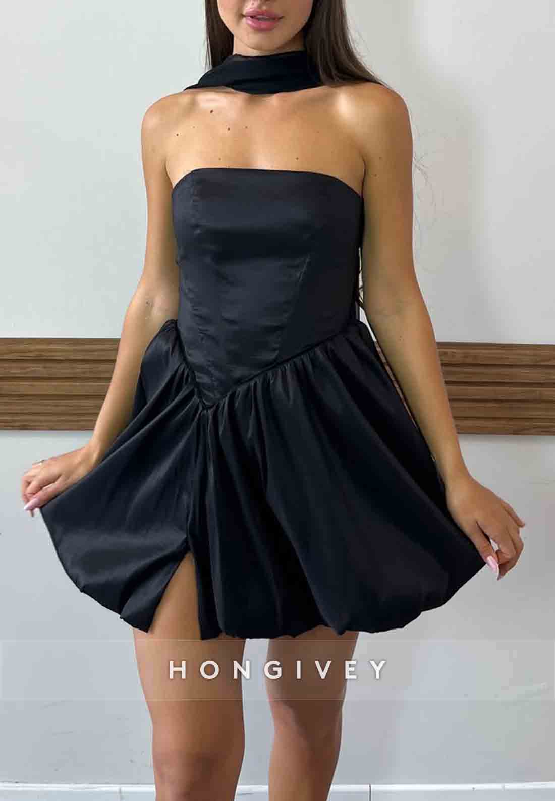 Sleeveless A-Line Pleated Strapless Side Slit Mini Homecoming Dresses