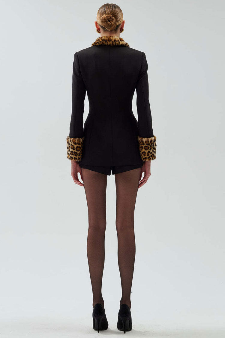 Sassy Leopard Print Faux Fur Collar Button Up Blazer Two Piece Shorts Set