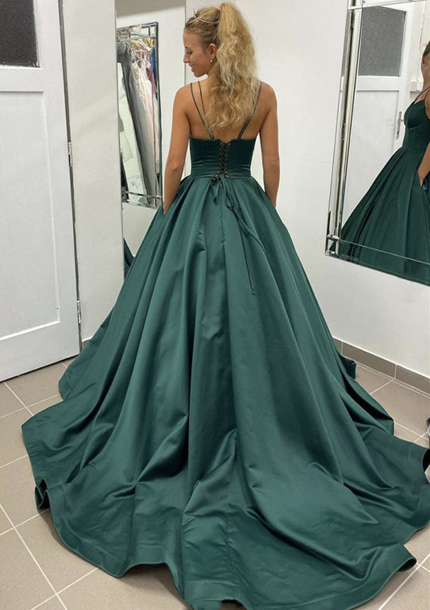 Satin Prom Dress/Evening Dress with Pleated Pockets - Ball Gown Sleeveless Scalloped Neck Sweep Train - Fashionpara