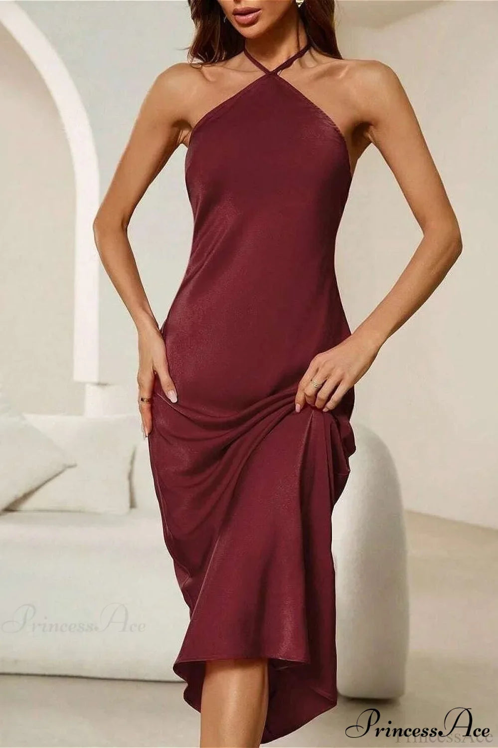 Satin Spaghetti Strap Sexy Party Dress Burgundy / XS