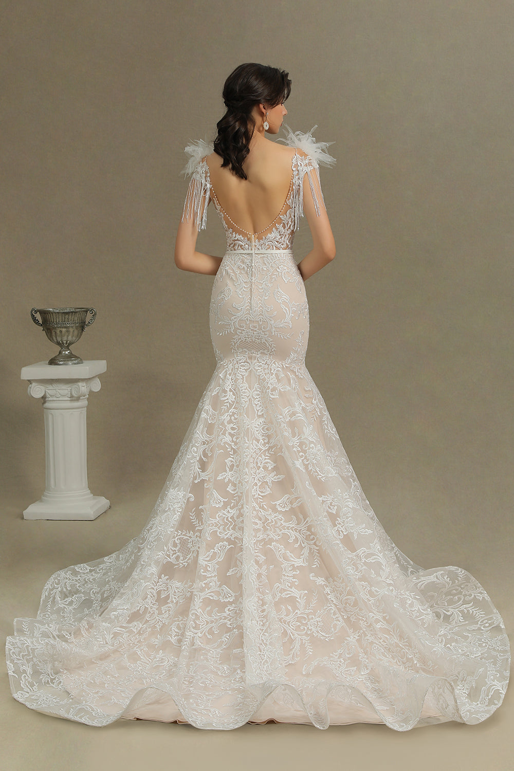 Scoop Lace Mermaid Wedding Dress With Feather - Fashionpara