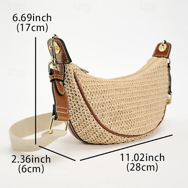 Straw Leather Boho Crossbody Bag with Adjustable