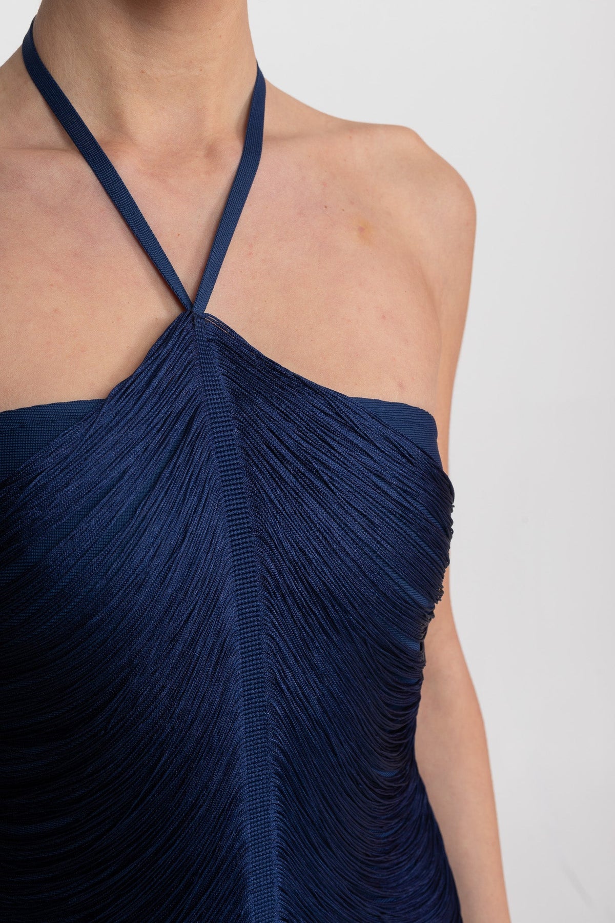 Halter Neck Midi Dress With All-Over Pleated Texture - Blue - View 5