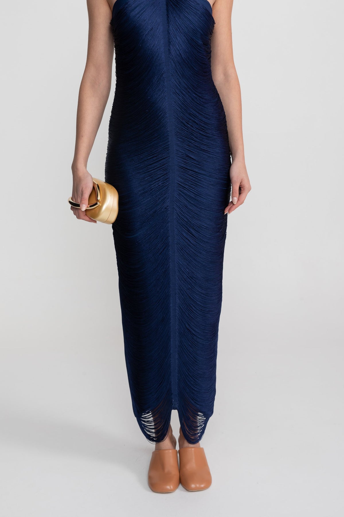 Halter Neck Midi Dress With All-Over Pleated Texture - Blue - View 7