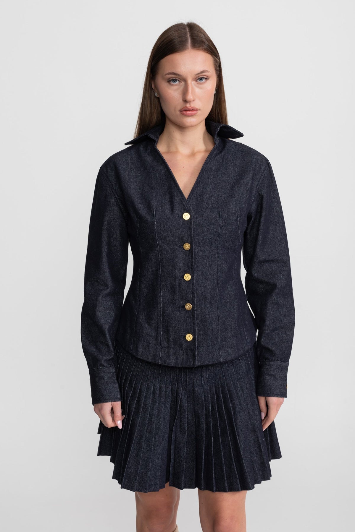 Denim Long Sleeve Collared V-Neck Metallic Button Pleated Mini Dress - View 4