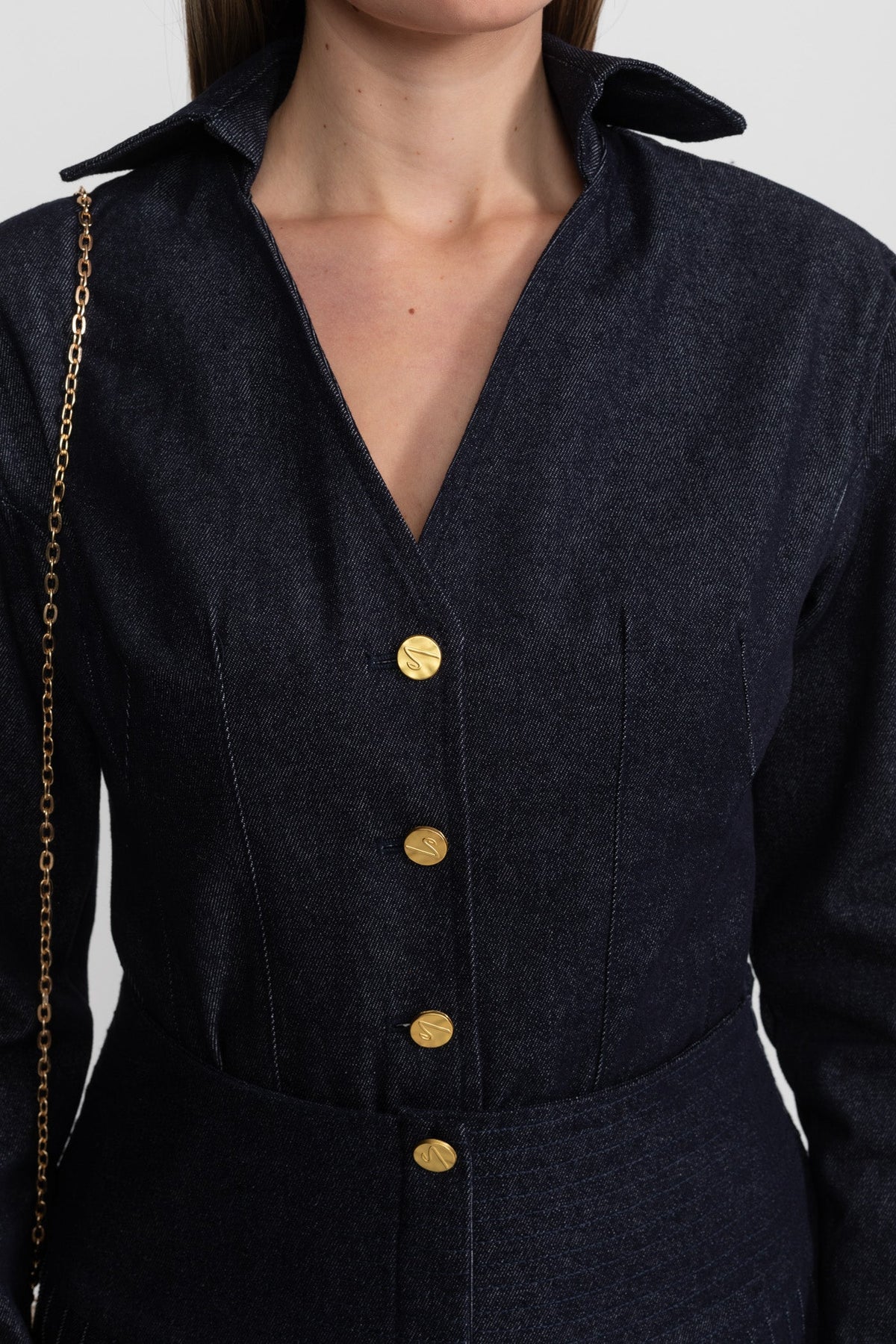 Denim Long Sleeve Collared V-Neck Metallic Button Pleated Mini Dress - View 5