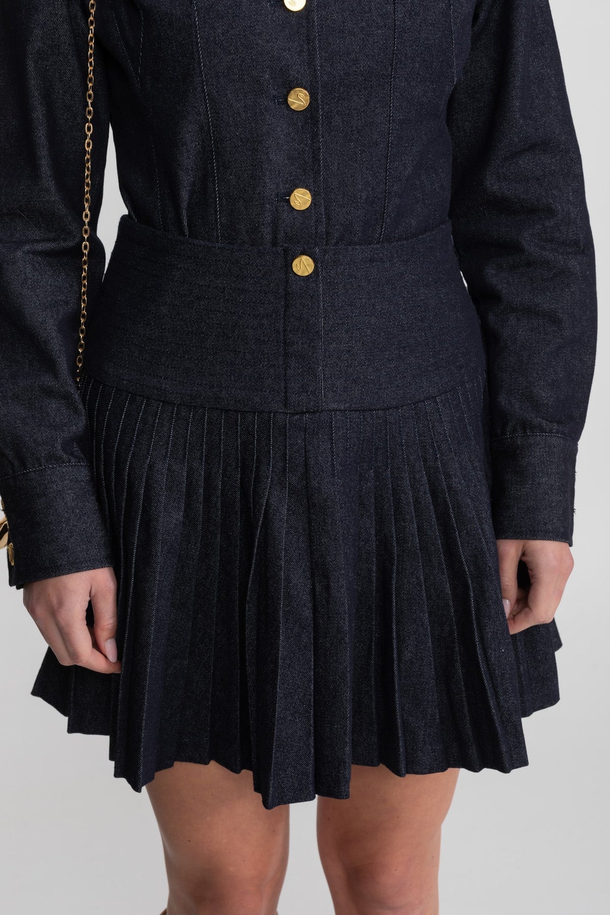 Denim Long Sleeve Collared V-Neck Metallic Button Pleated Mini Dress - View 6