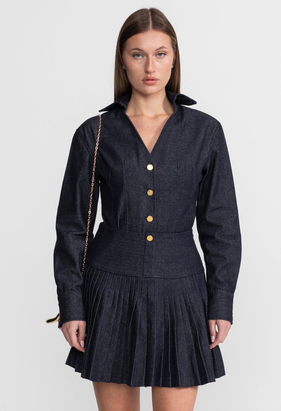 Denim Long Sleeve Collared V-Neck Metallic Button Pleated Mini Dress