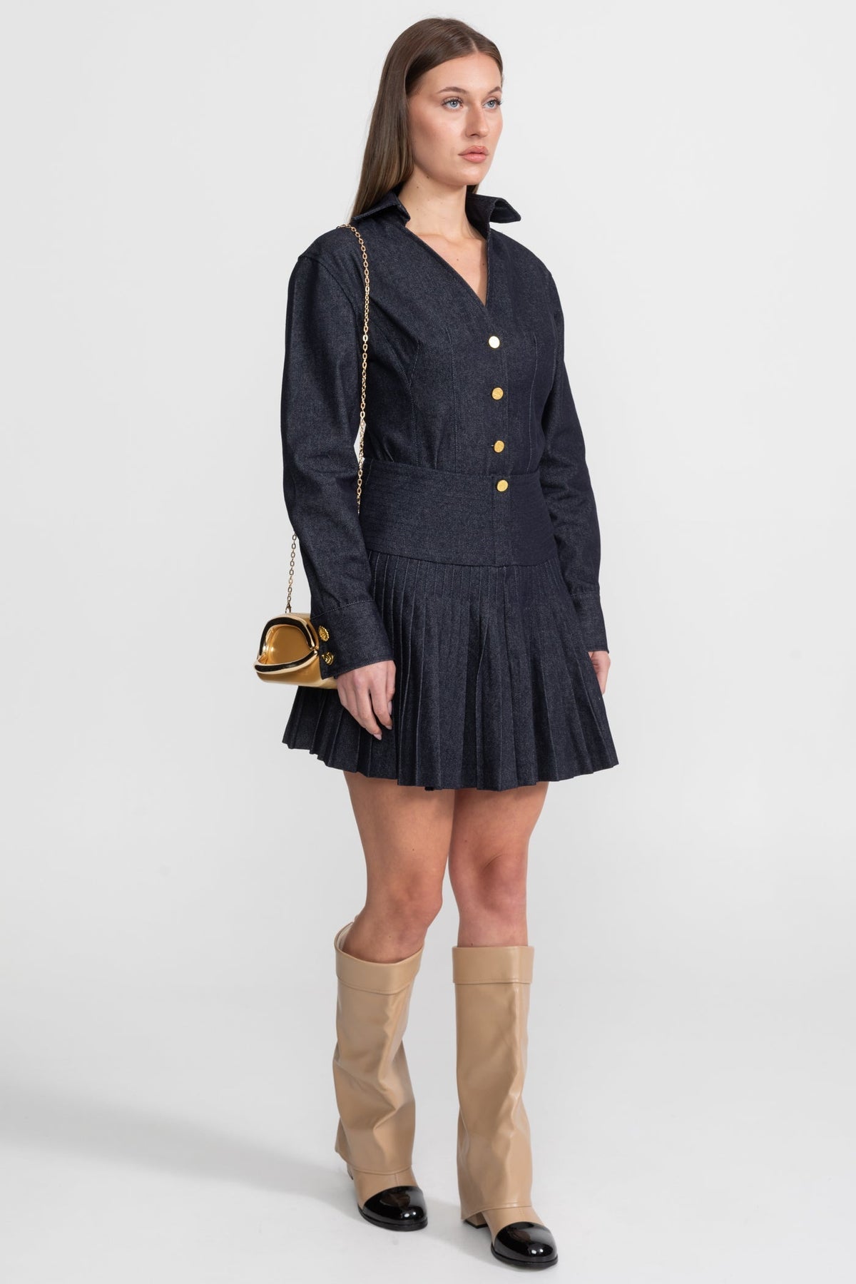 Denim Long Sleeve Collared V-Neck Metallic Button Pleated Mini Dress - View 7