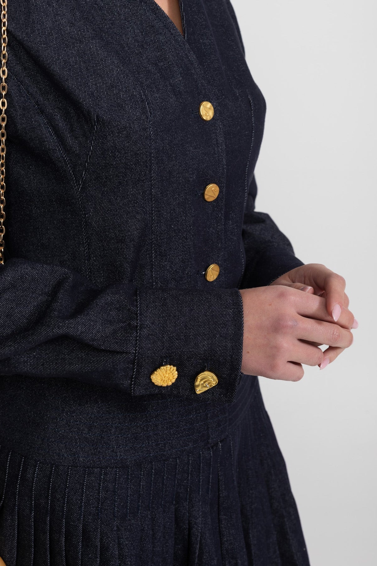 Denim Long Sleeve Collared V-Neck Metallic Button Pleated Mini Dress - View 8