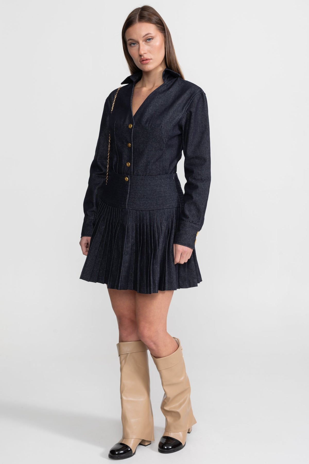 Denim Long Sleeve Collared V-Neck Metallic Button Pleated Mini Dress - View 9