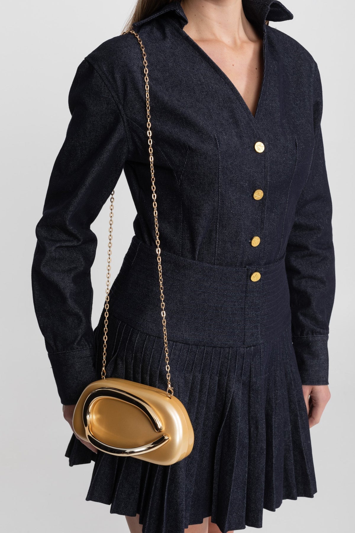 Denim Long Sleeve Collared V-Neck Metallic Button Pleated Mini Dress - View 3